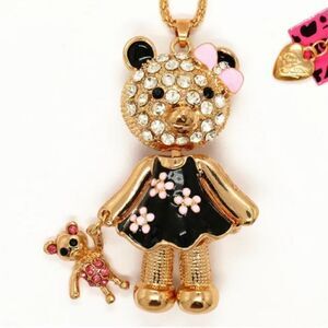 Crystal Black Bow bear doll Rhinestone Sweater Necklace NWOT